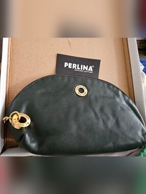 Perlina Dark Green Leather Cosmetic Pouch with Gold Accents